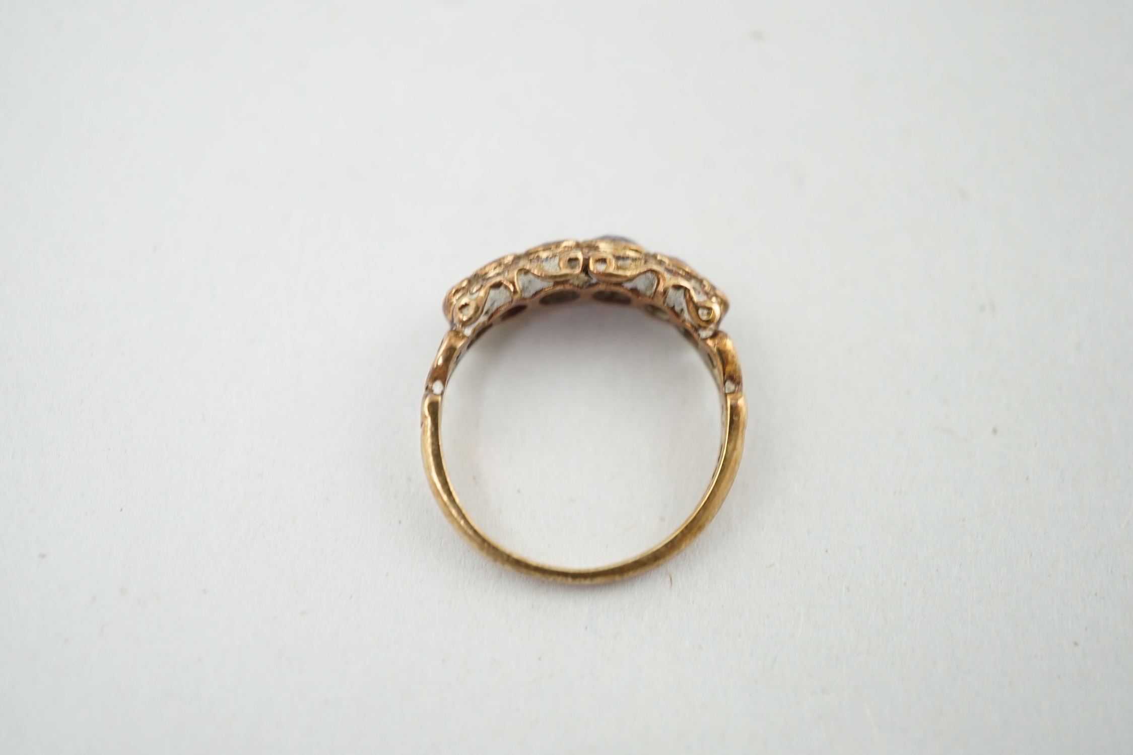 A 1970's Victorian style 9ct gold and gem set 'Regard' half hoop ring